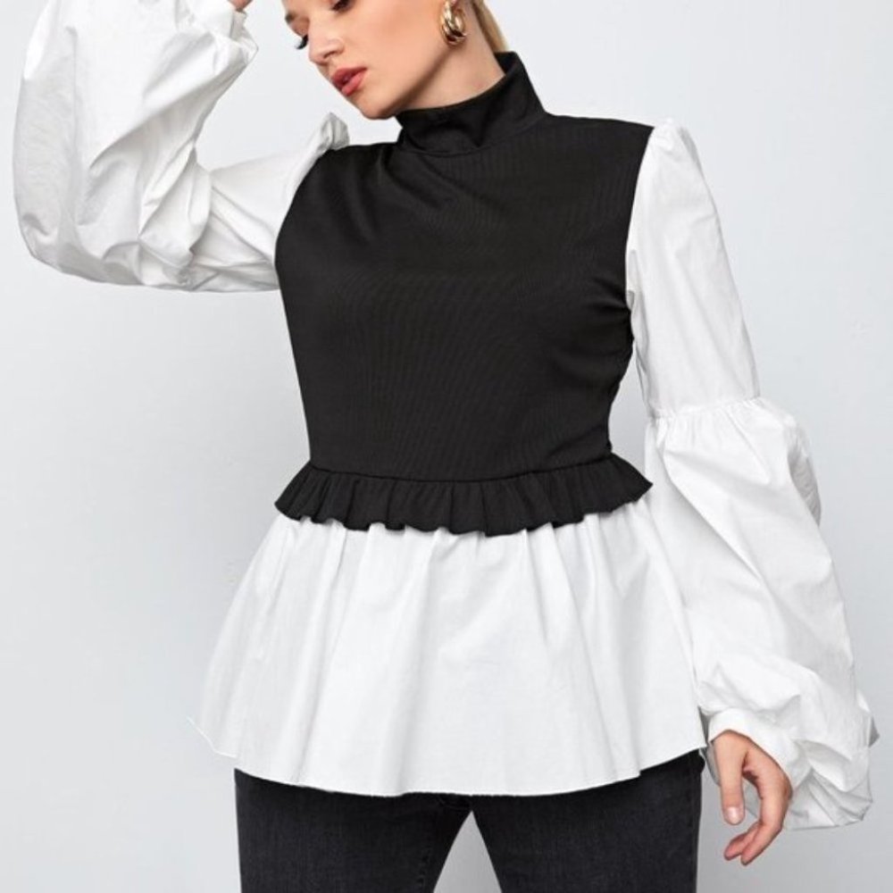 Mock Neck Lantern Sleeve Two Tone Peplum Top - Picture 5 of 7
